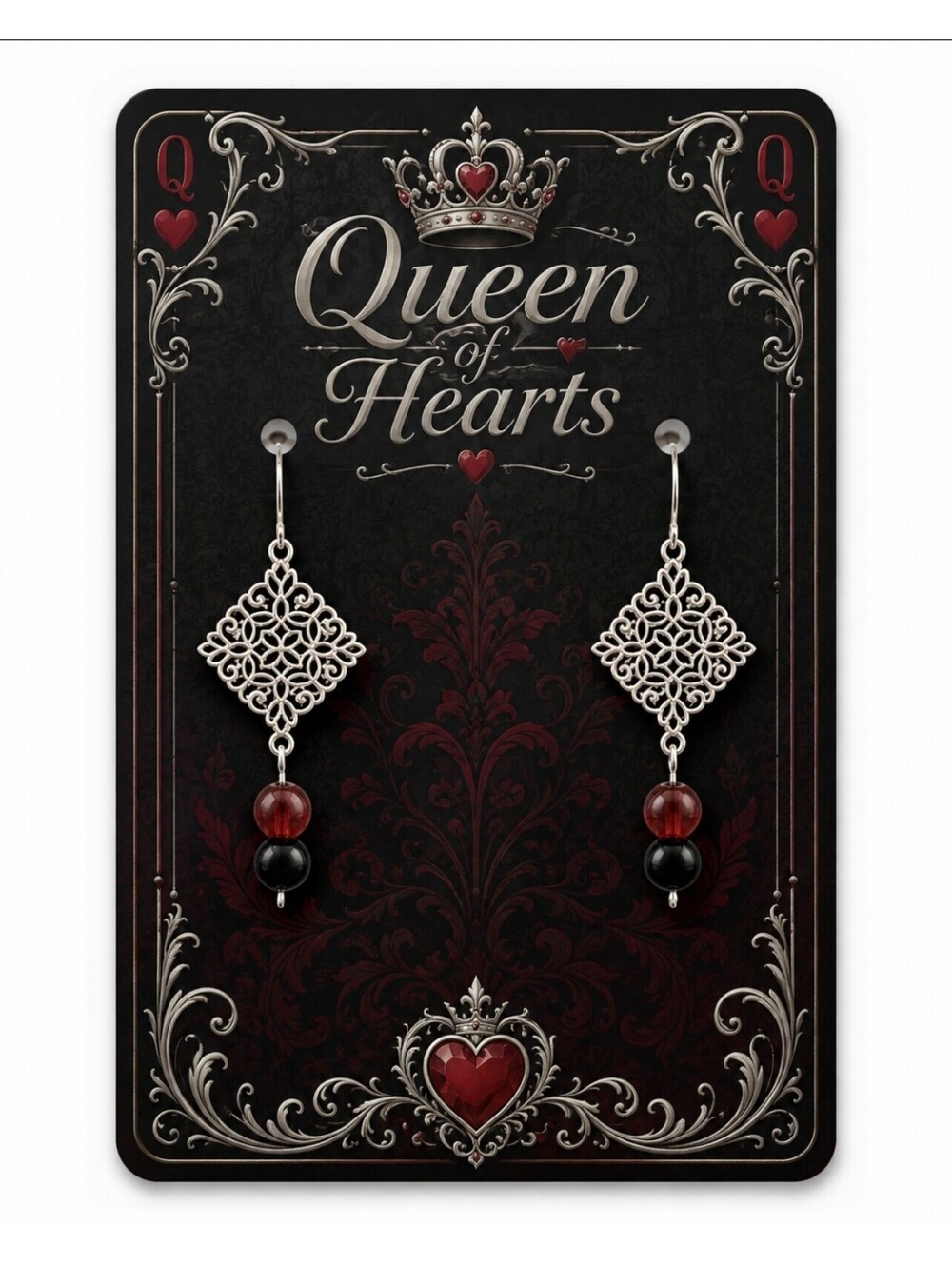 Queen of Hearts Filigree Red Black Silver Hypoallergenic Dangle Drop Earrings